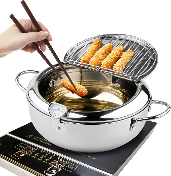 Kerilyn Deep Fryer Pot, 11 Inch/4.2 L Janpanese Style Tempura Frying Pot with Lid, 304 Stainless Steel with Temperature Control and Oil Drip Drainer Rack, for Kitchen French Fries, Chicken etc
