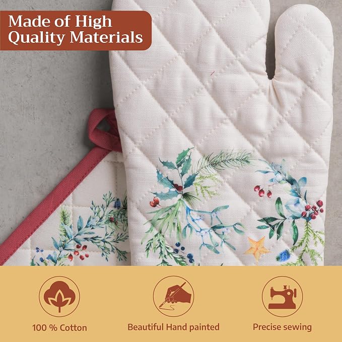 Maison d' Hermine 100% Cotton Oven Mitt & Pot Holder Set (7.5"x13" & 8"x8") | Heat Resistant BBQ Cooking Gloves with Loop Baking Grilling Kitchen Hotel Home Farmhouse Thanksgiving Christmas - Holly Time