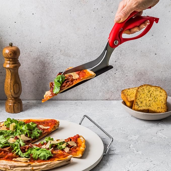 Dreamfarm Scizza 2-In-1 Easy Ergonomic Pizza Scissors with Stainless Steel Pizza Cutter Blades & Non-Stick Slice Server - Red | Cuts and serves pizza with non-scratch, heat resistant serving base, spring-loaded German stainless steel blades
