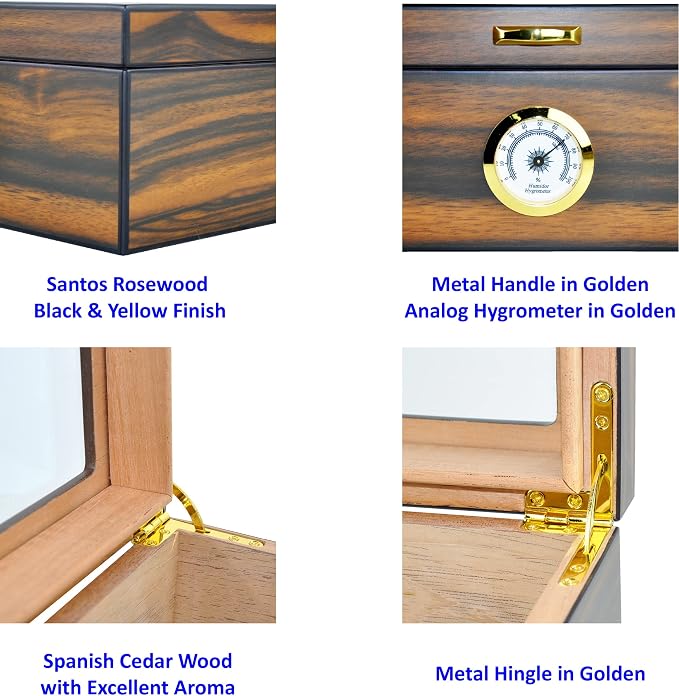 Cigar Humidor - Holds 25-50 Cigars - Spanish Cedar Wood - Tempered Glass Top Display - Metal Handle, Divider, Humidifier, Hygrometer - Santos Rosewood