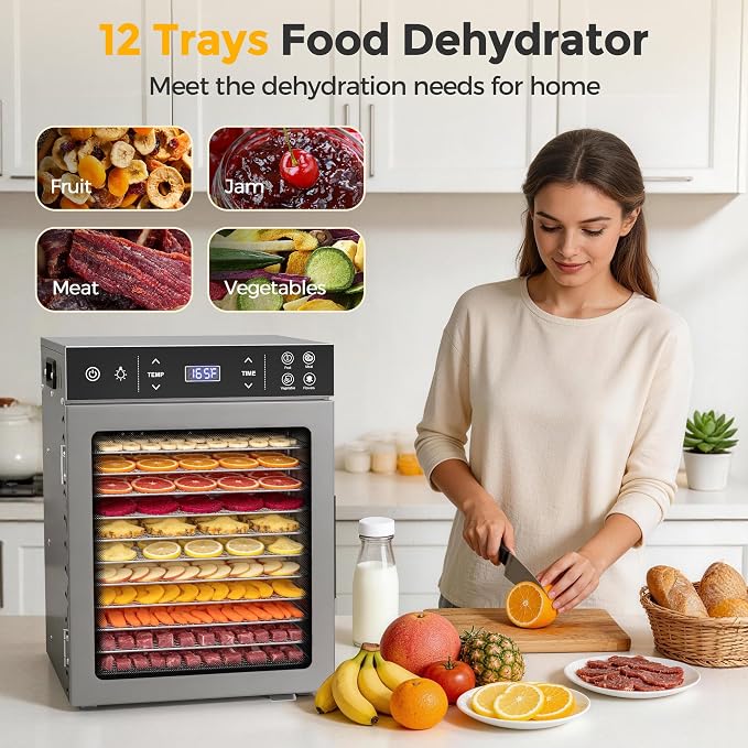 Suteck 800W Food Dehydrator with 12 Trays for Jerky, Fruit, Veg, Meat | Stainless Steel, 4 Presets, Strong Dual Fans & 360° Airflow, 85°F–195°F, 24H Timer, Built-in Light, Quiet