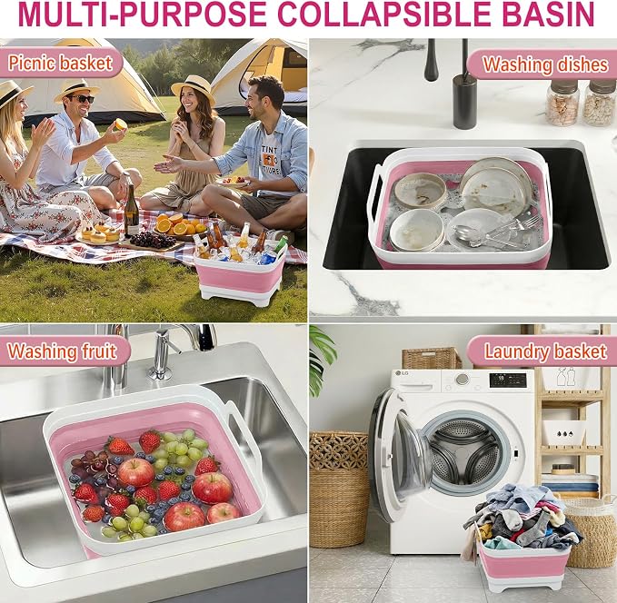 Yecuip Collapsible Baby Bottle Wash Basin w/Drying Rack & Drain Plug, Pink | 2.4 Gallon Foldable Dish Tub w/Handles,Portable RV Camping Sink & Space-Saving Wash Bin with Lid for Kitchen,Travel & Outdoor