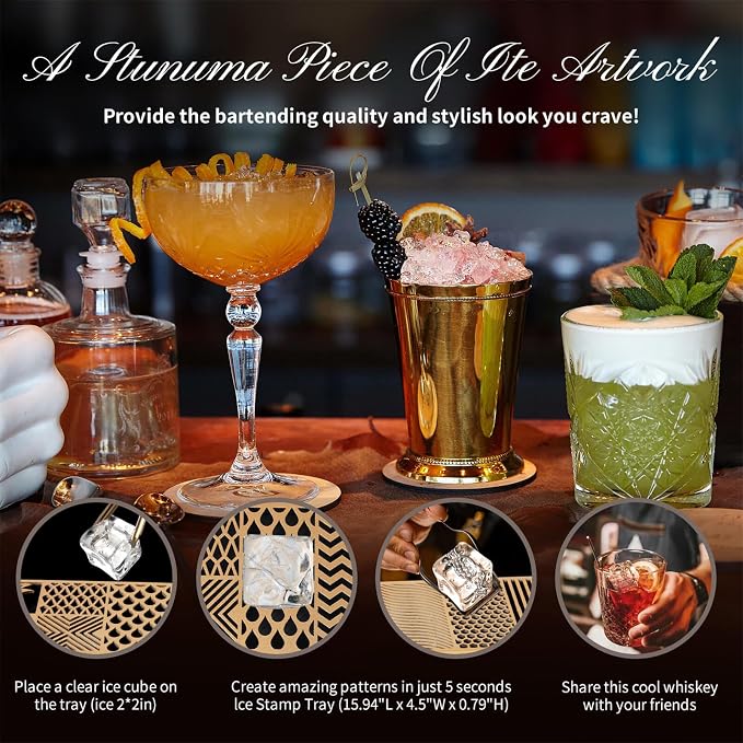 Clear Ice Stamp Tray, Cocktails Custom Ice Cube Stamp, Craft Modern Ice Molds for Whiskey in 5 Seconds, Bartender Accessories for Clear Ice Cocktails, Whiskey, Bourbon