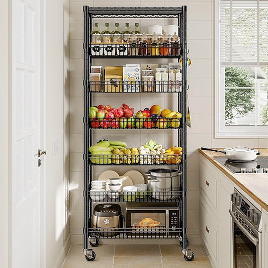 7 Tier Wire Shelving with Wheels 72" H Adjustable Basket Shelf Storage Shelves with Hooks for Kitchen Bathroom Pantry Shelves Closet Laundry Room Organization 72" H x 30" W x 14" D, Black