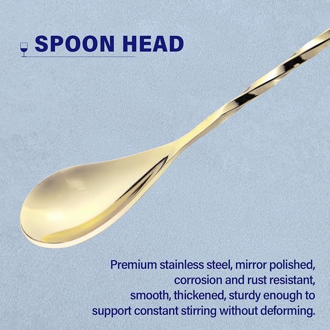 2 Pcs 12 Inches Bar Spoon, Long Handle Mixing Stirrers for Drink, Briout Stainless Steel Bar Cocktail Shaker Spoon, Gold