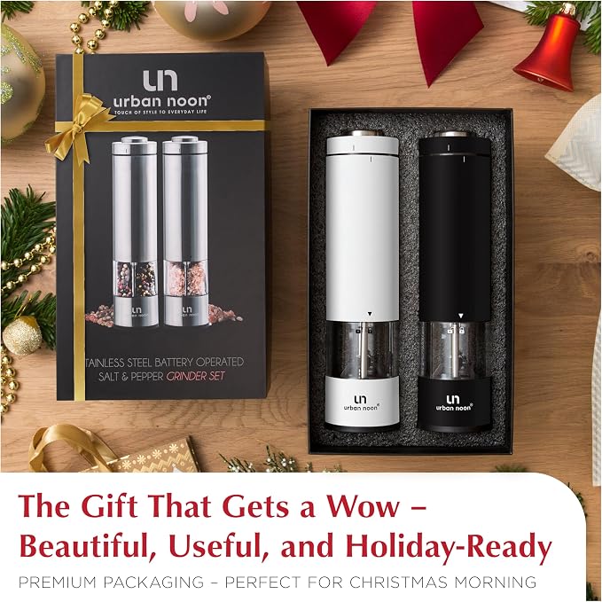 urban noon Electric Salt and Pepper Grinder Set (2 Mills, 8.1" Tall) - One-Handed Push-Button Mills with LED Light, Adjustable Ceramic Coarseness, Gift-Ready Box, 1-Year Warranty - Black & White