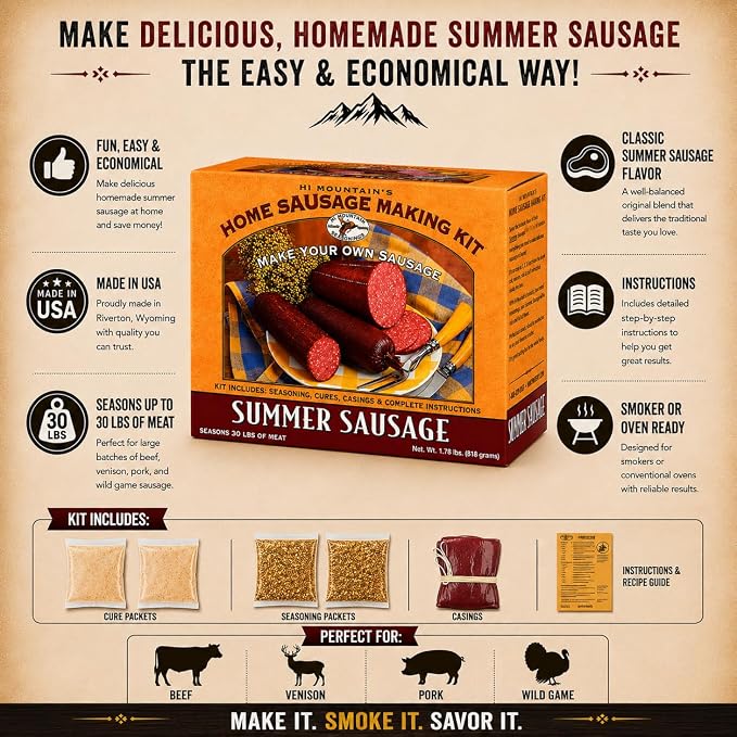 Hi Mountain ORIGINAL Summer Sausage Kit | Complete sausage seasoning kit. Includes: Seasoning, cure & 10 casings. Beef, pork, venison, deer, elk. Makes up to 30 lbs