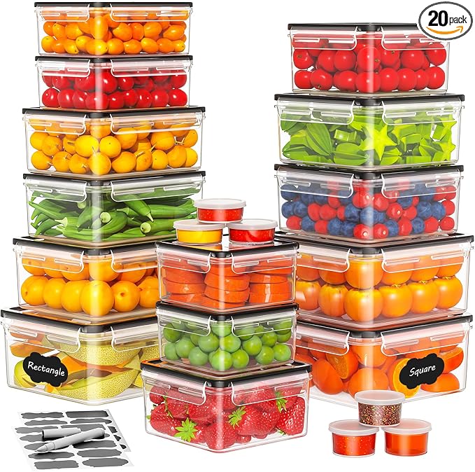 40 Pcs Food Storage Containers with Lids Airtight (20 Lids & 20 Containers)- Reusable Plastic Leakproof Meal-Prep Container for Kitchen Storage Organization Microwave/Dishwasher Safe with Labels & Pen