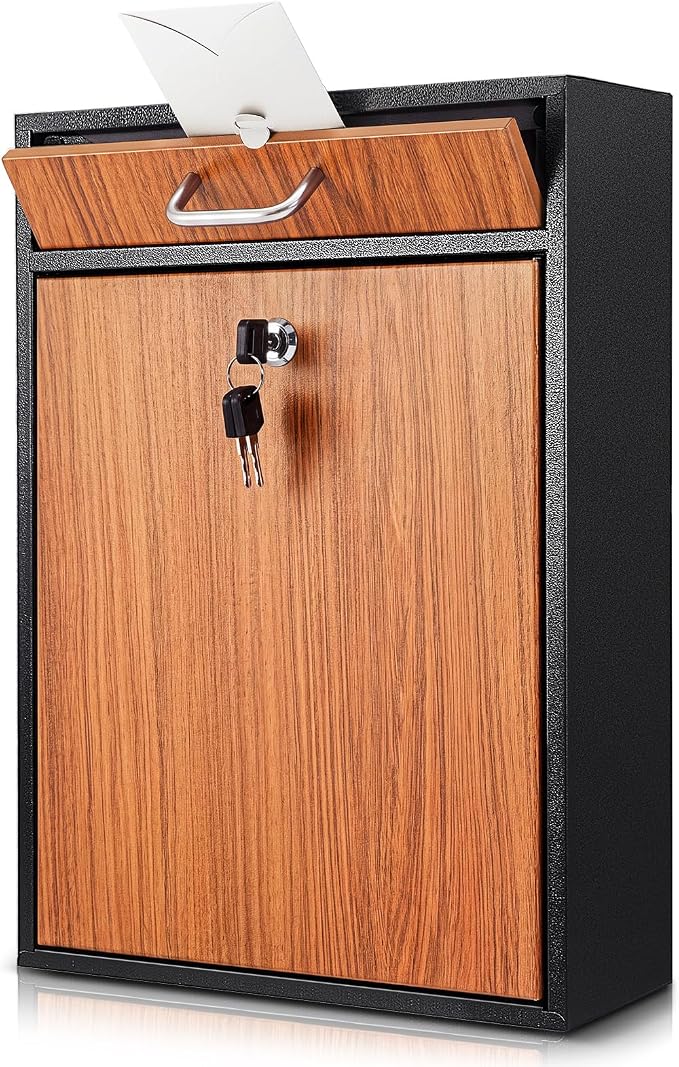 Yaocom Locking Mailbox with Key for Outdoor 16.2 x 11.2 x 4.7 Inches Large Wall Mount Mail Box with Lock Security Mail Drop Metal Collection Boxes Hanging Secure Postbox(Wooden)