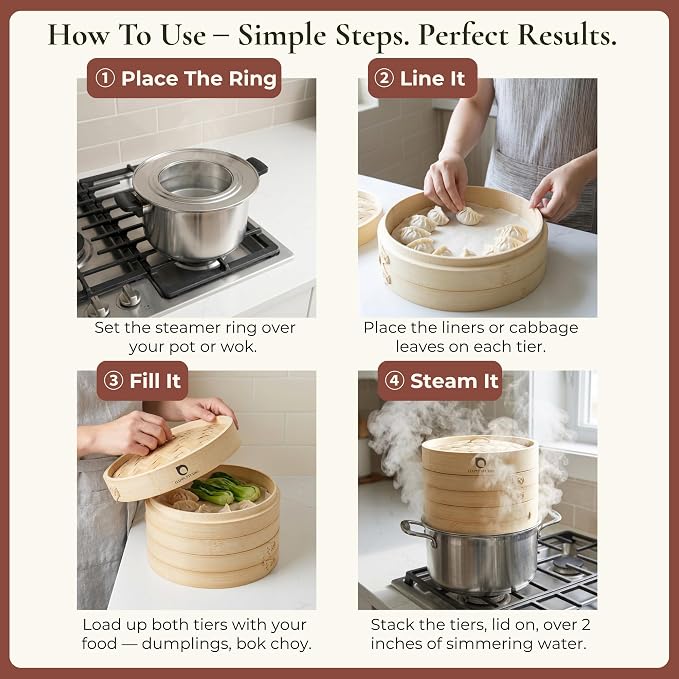 Bamboo Steamer Basket 10 Inch, Extra Deep Dumpling Steamer Set | Incl. Silicone Liners & Steel Ring, Steam Basket For Pot & Wok. Vegetable & Food Steamer For Dim Sum, Bao Buns