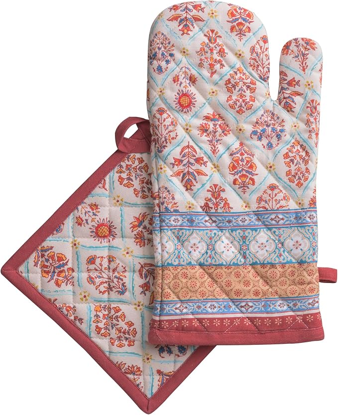 Maison d' Hermine 100% Cotton Oven Mitt & Pot Holder Set (7.5"x13" & 8"x8") | Heat Resistant BBQ Cooking Gloves with Loop Baking Grilling Kitchen Hotel Home Farmhouse Thanksgiving Christmas - Romane