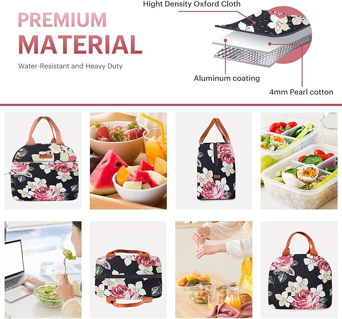 Lunch Bag for Women & Men Adult Insulated Lunch Box, Small Leakproof Cooler Food Lunch Containers Reusable High Capacity Lunch Tote Bags for Work, Travel, Outdoor - Black Rose