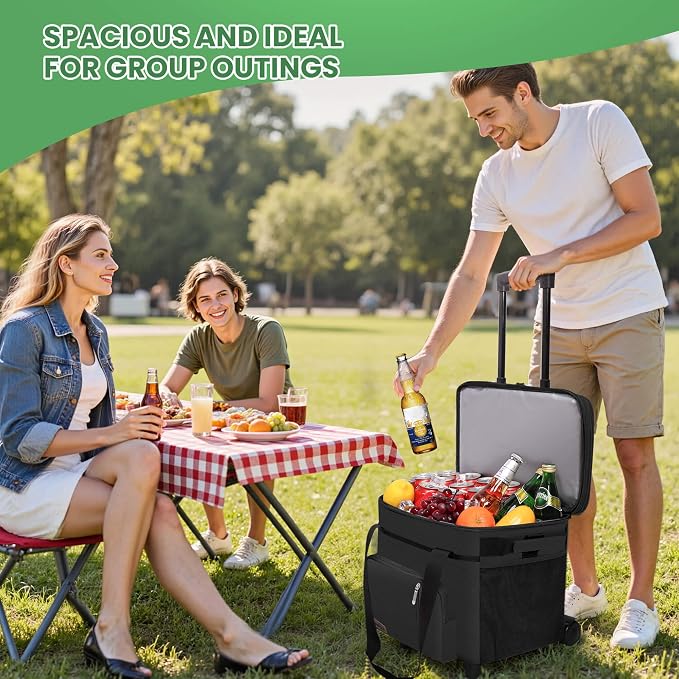 MIYCOO Cooler Bag with Wheels, 60 Can Expandable Double Deck Cooler | Leakproof Insulated Soft Lunch Cooler, Extra Large Portable Ice Chest Cooler for Beach, Picnic, Camping, Shopping