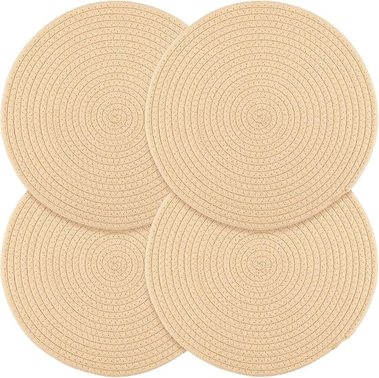 Billbotk Round Woven Placemats Set of 4, 13 Inches Table Place Mats for Dining Table, Hot Pads for Kitchen, Trivets for Hot Dishes, Pots and Pans,Tabletop Accessories(Beige)