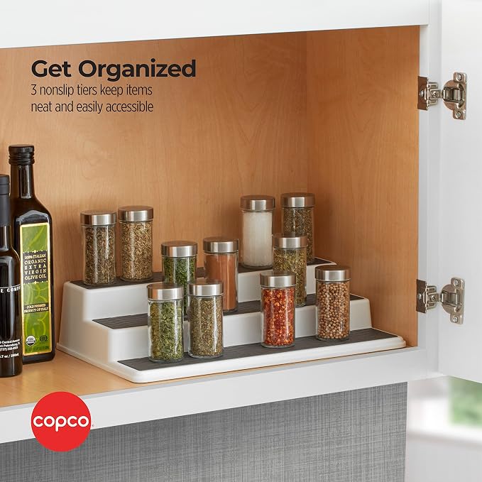 Copco 3-Tier Spice Rack Organizer for Cabinet - 15 Inch Non-Skid Pantry Organizer and Storage Shelf for Spices, Canned Goods, Seasonings - White and Gray Kitchen Cabinet Organizer