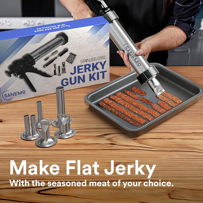 SANEMO Large Capacity Jerky Gun for Ground Meat - Easy to Use/Clean 1.5 LB Sausage Gun & Beef Jerky Maker Kit with 5 Stainless Steel Nozzles, 2 Cleaning Brushes, and 1 Mesh Bag for Easy Carrying.