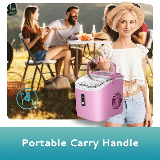 EUHOMY Countertop Ice Maker Machine with Handle, 26.5lbs Per Day, 9 Cubes in 6 Mins, Auto-Cleaning Portable Ice Maker with Basket and Scoop, for Home/Kitchen/Camping/RV (Pink)