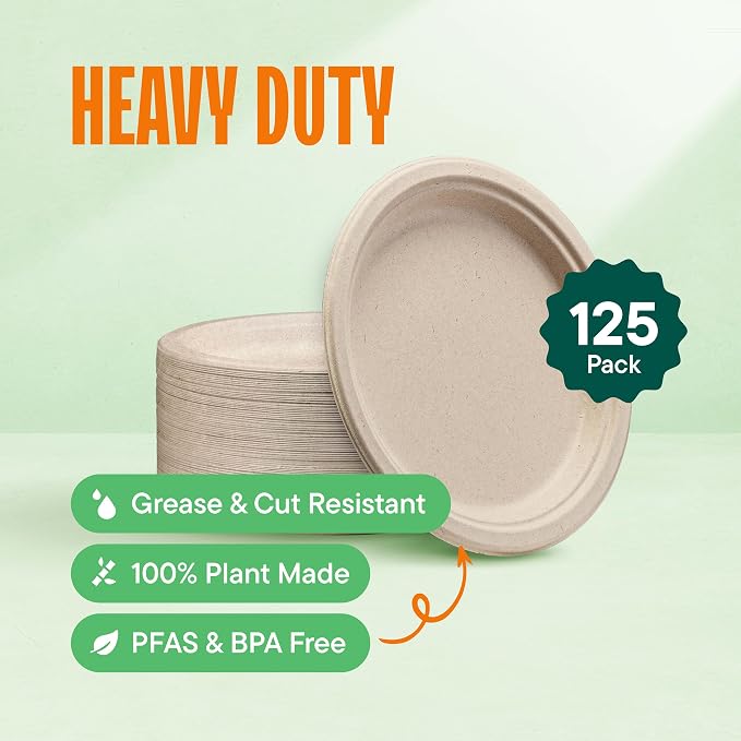 100% Compostable Paper Plates, Heavy Duty Disposable Plates [125-Pack] 9 Inch Plates - Eco-Friendly, Biodegradable Sugarcane Bagasse, Natural Unbleached Brown 9" Dinner Paper Plate Disposable | Eco-Friendly Biodegradable Sugarcane Bagasse Dinner Plates...