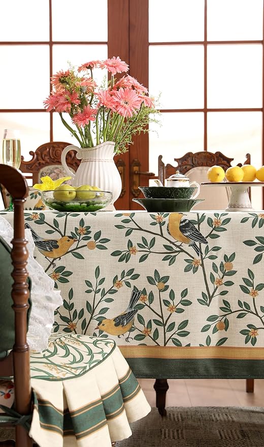 patdrea Designer Green Linen Rectangular Tablecloth,Vintage Breathable Floral Extra Long Table Cloth,Decor Table Cover for Kitchen Dining,Parties,Party,Christmas,Thanksgiving,63"x110"-Warbler