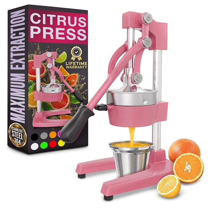Cast Iron Juicer Hand Press, Heavy-Duty Squeezer, 304 Stainless Steel Bowl – One Pull Extracts Full Juice – Manual Citrus Press Juicer & Orange Squeezer for Lemon, Lime & Lemonade at Home Bar (Pink)