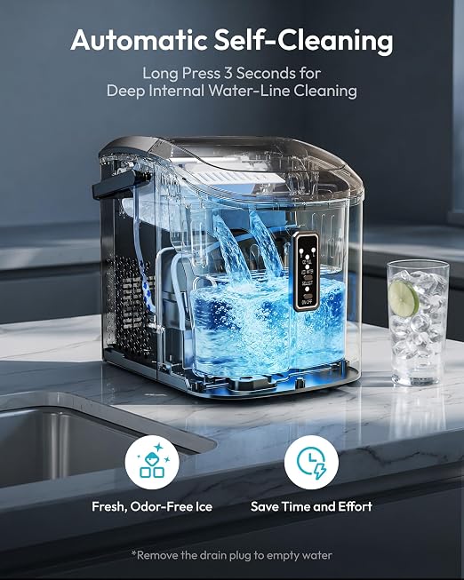 EUHOMY Ice Maker Countertop, 9 Cubes Ready in 6 Mins, 26lbs/24H, Self-Cleaning, Portable Ice Maker Machine with Carry Handle, Basket and Scoop, 2 Sizes of Bullet Ice for Home, Kitchen, Office