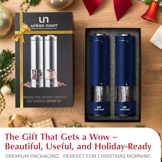 Urban Noon Electric Salt and Pepper Grinder Set (2 Mills, 8.1" Tall) - One-Handed Push-Button Mills with LED Light, Adjustable Ceramic Coarseness, Gift-Ready Box, 1-Year Warranty - Blue