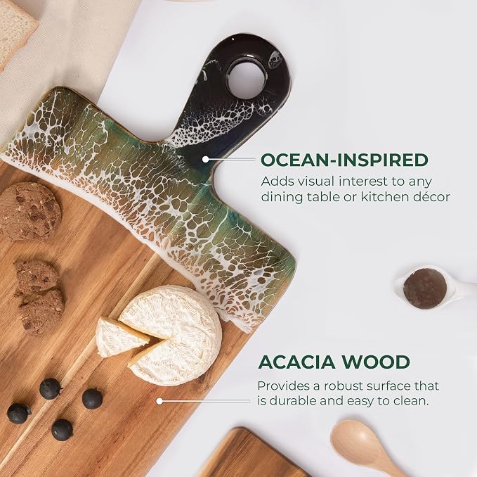 Acacia Wood Serving Board with Handle, 15" x 7.9" Dual-Sided Resin Art Tray for Display & Prep, Handcrafted Cutting Board, Includes Stand & Loofah, Christmas Housewarming Gift (Rectangular)