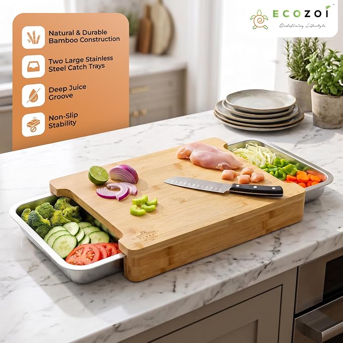 Bamboo Cutting Board by Ecozoi with 2 Slide Out Drawers. Keep Meal Prep Organized With Organic Bamboo Wooden Chopping Station. Non-Slip Butcher Block with Juice Groove for Easy Cleaning