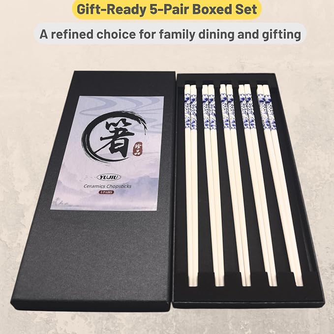 Porcelain Chopsticks Set of 5 Pairs, Reusable Bone Ceramic Chopsticks, Dishwasher Safe, Non-Slip Design, Elegant Gift Box for Family or Restaurant Use (Camellia)