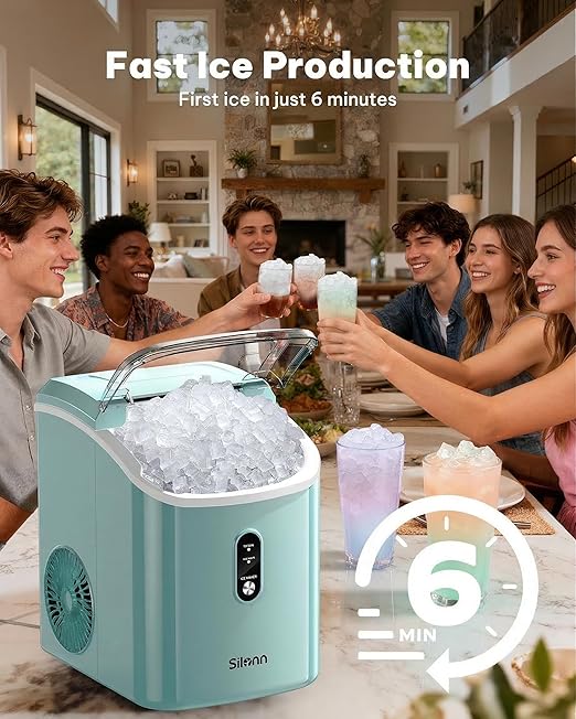 Nugget Ice Maker Countertop, Silonn Chewable Pellet Ice Machine with Self Cleaning Function, Pebble Portable Ice Maker with Ice Scoop for Home Kitchen Office, Green