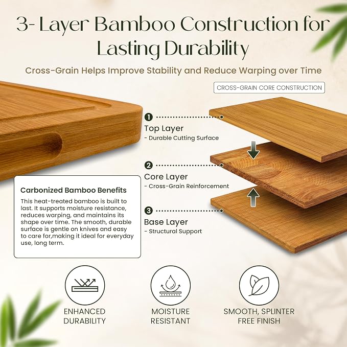 3-Piece Bamboo Cutting Boards - Groove, Handles, 15/12/9" - Dark Carbonized | Bamboo boards with rich dark finish, reversible prep and serving design surfaces