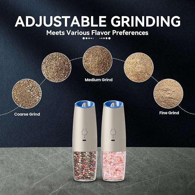 UNNEES Rechargeable Electric Salt and Pepper Grinder set of 2, gravity electric salt and pepper grinder set, Adjustable Roughness, LED Light, 2 Pack, (Khaki)