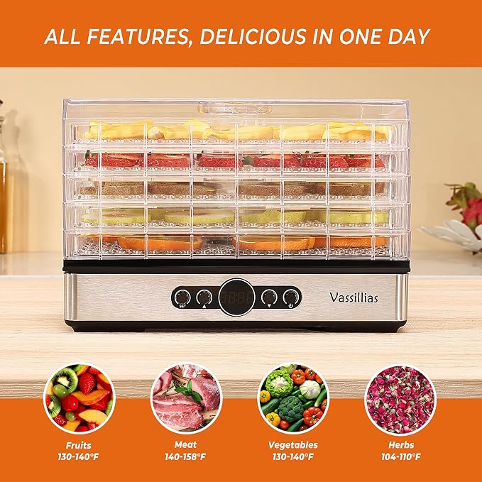 Small Food Dehydrator Dryer - Dehydrator for Healthy Food | Meat, Jerky, Fruit, Vegetable, Mushroom and Herb, 400W, 158°F, Mini Dryer with 5 BPA-Free Drying Racks, White, Model 904