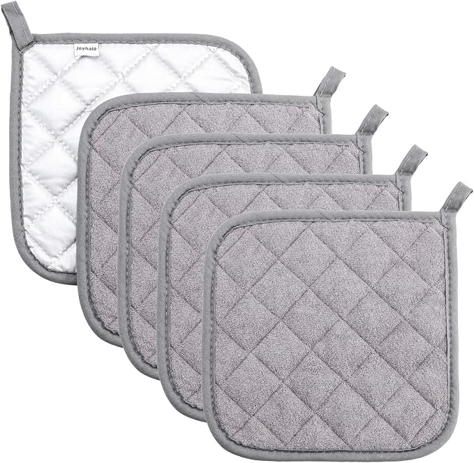 Joyhalo 5 Pack Pot Holders for Kitchen Clearance | Cotton Made, Machine Washable, Heat Resistant Potholder, Hot Pads, Trivet for Cooking and Baking, Grey