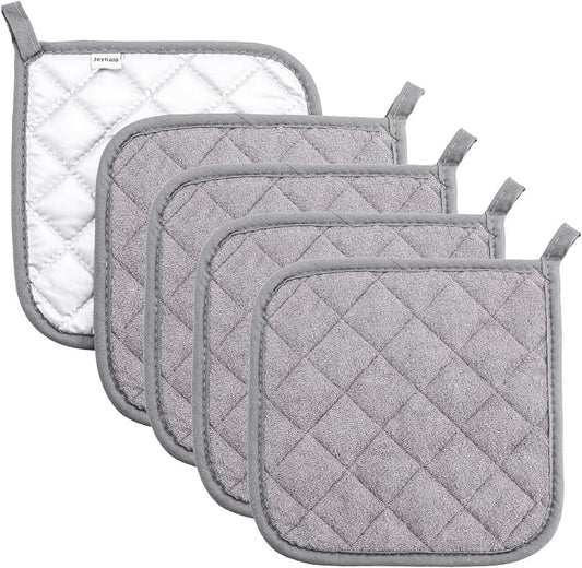 Joyhalo 5 Pack Pot Holders for Kitchen Clearance | Cotton Made, Machine Washable, Heat Resistant Potholder, Hot Pads, Trivet for Cooking and Baking, Grey