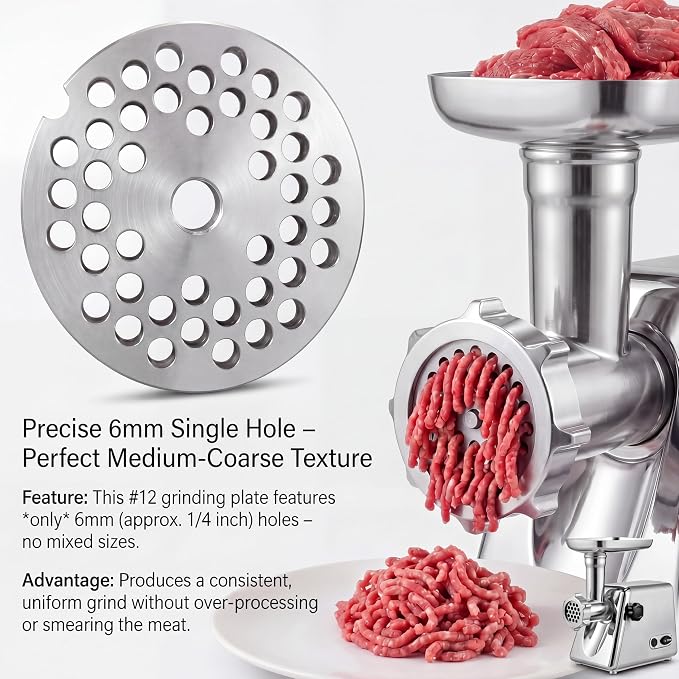 #12 Meat Grinder Plate for LEM, Hobart, Cabelas, Weston – 6mm Hole Plate, 2.75" Heavy Duty Stainless Steel Replacement Disc for Standard #12 Grinders