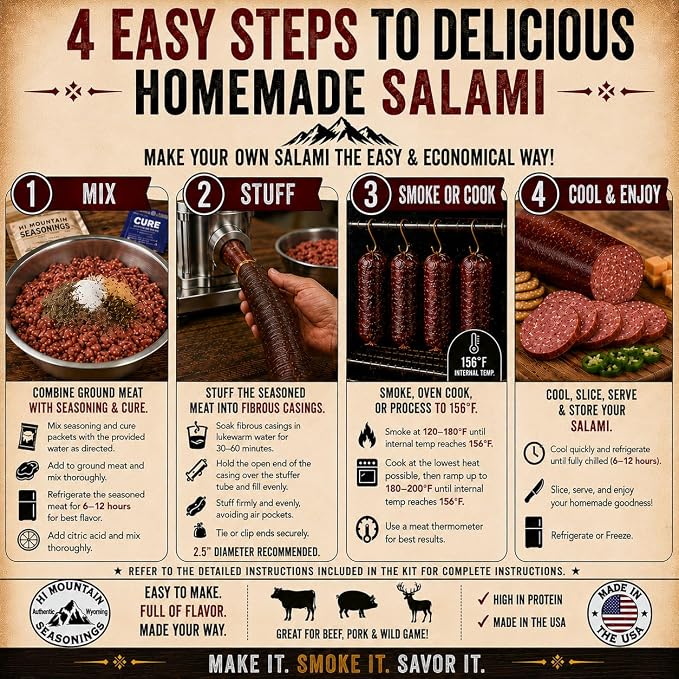 Hi Mountain SALAMI Seasoning Kit | Complete Salami-making kit with seasoning, cure & 10 casings. Beef, pork, venison, deer, elk & wild game. Makes up to 18 lbs
