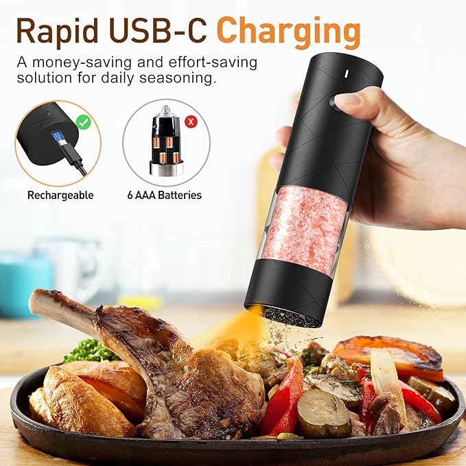 Rechargeable Electric Salt and Pepper Grinder Set, Automatic Salt and Pepper Shakers, Adjustable Coarseness Pepper Grinder with Led Kitchen and Home Appliances Gifts for Women(Blackblack)