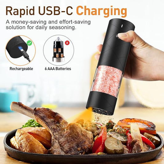 Rechargeable Electric Salt and Pepper Grinder Set, Automatic Salt and Pepper Shakers, Adjustable Coarseness Pepper Grinder with Led Kitchen and Home Appliances Gifts for Women(Blackblack)
