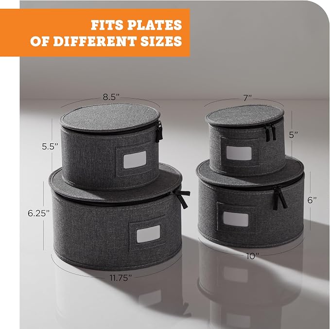 storageLAB 4-Piece China Plate Storage Set | Hard Shell Dividers | Gray | 4 hard shell plate cases - dinner, salad, dessert & saucer, 12 plates each, 48 total. Felt dividers, stackable.