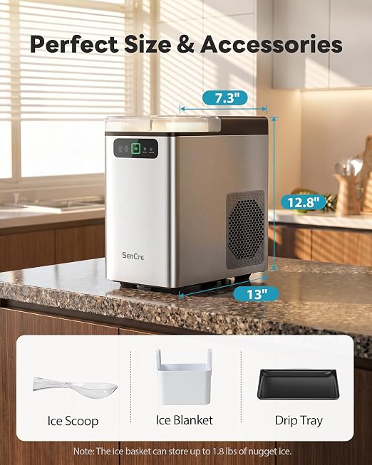 Nugget Ice Maker Countertop 40Lbs/24H Soft Chewable Ice Machine Pellet Crushed Ice Makers, One-Click Operation Auto Self-Cleaning Stainless Steel with Scoop for Home Kitchen Office, Silver