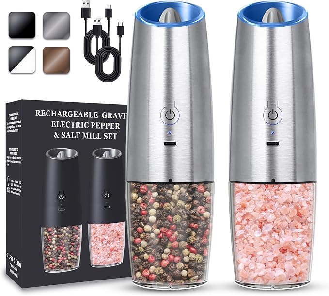 UNNEES Rechargeable Electric Salt and Pepper Grinder set of 2, gravity electric salt and pepper grinder set, Adjustable Roughness, LED Light, 2 Pack, (Silver)