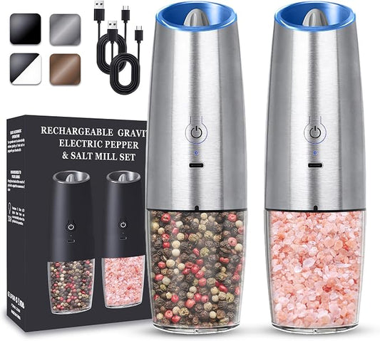 UNNEES Rechargeable Electric Salt and Pepper Grinder set of 2, gravity electric salt and pepper grinder set, Adjustable Roughness, LED Light, 2 Pack, (Silver)