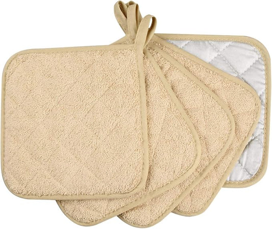 Pot Holders for Kitchen, 100% Cotton Terry Pot Holder Set of 5, Heat Resistant Hot Pads for Cooking, Baking, Hot Dishes and Countertop Protection,Light Brown