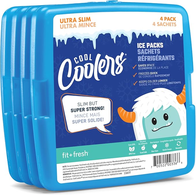 Cool Coolers by Fit + Fresh, 4 Pack Slim Ice Packs, Space Saving Reusable Ice Packs for Lunch Boxes or Coolers