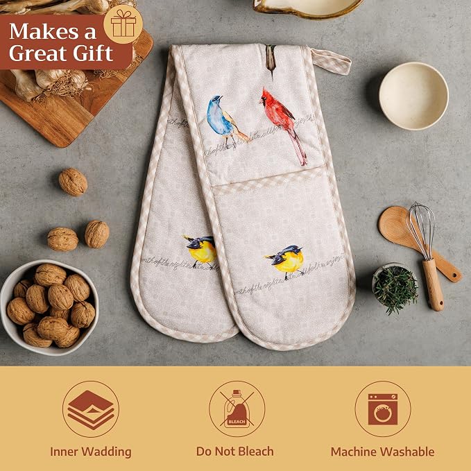 Maison d' Hermine Double Oven Mitts 100% Cotton Double Oven Glove (7"x35") | Heat Resistant BBQ Cooking Gloves with Loop Baking Grilling Kitchen Hotel Home Farmhouse Spring Summer - Birdies on Wire