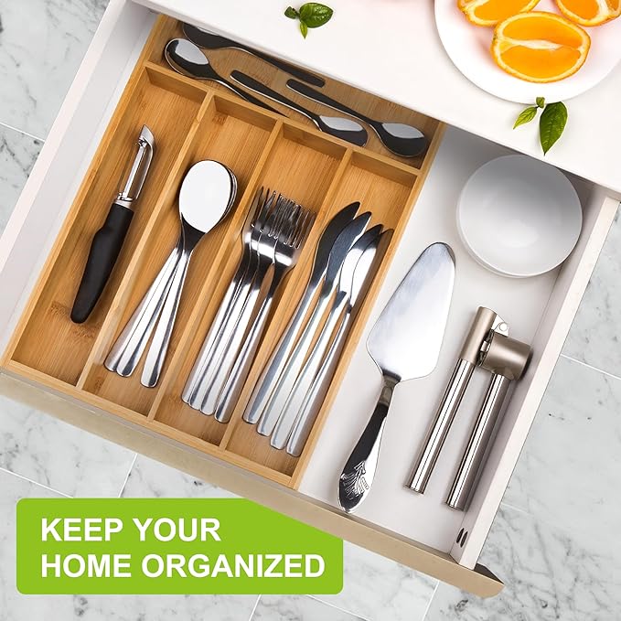 Bamboo Utensil Drawer Organizer, Kitchen Organizer for Flatware Cutlery, Silverware Tray for Drawer (5 Slots, Natural)