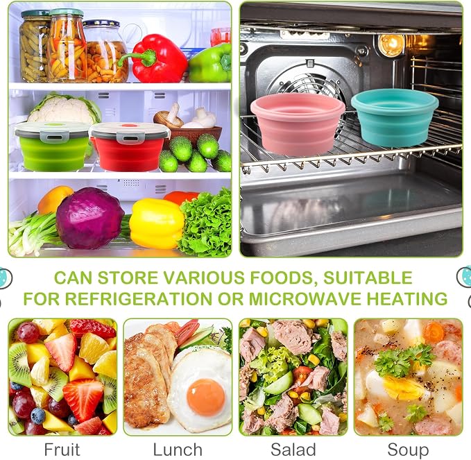 4 Pcs Collapsible Bowls with Lids Silicone Camping Food Storage Container Expandable Folding Salad Lunch Box Travel Container for Hiking Camping