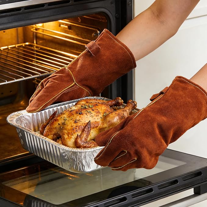 OZERO 932°F Heat Resistant Gloves: Welding Gloves Men Women, Brown, 14-Inch | 1.2 mm Split Cowhide, Reinforced Palm, Long Cuff, for MIG TIG Stick Forge BBQ Grill Fireplace Fire Pit Wood Stove Oven