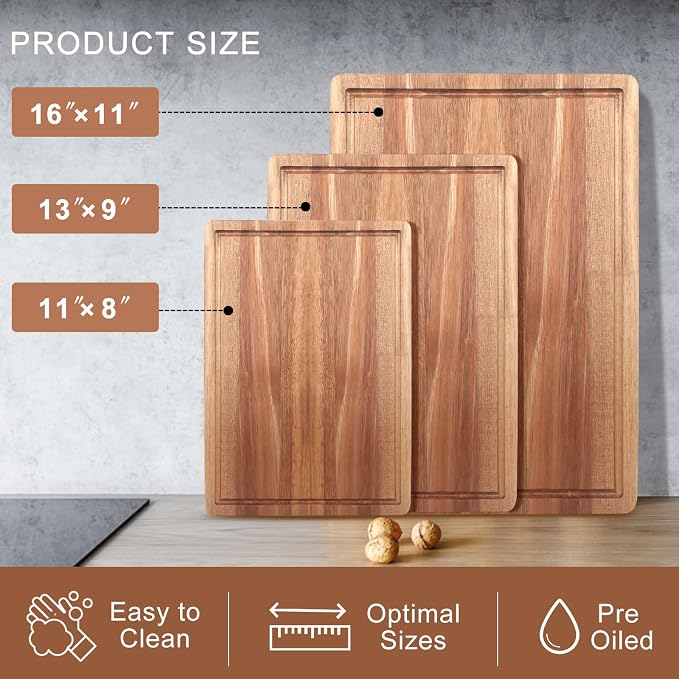 Solid Acacia Wood Cutting Board Set of 3 Wooden Charcuterie Boards Set | Hardwood Meat Chopping Board Butcher Blocks Safe Non Toxic Large Cutting Boards for Kitchen Decor Bread Serving Cheese Board